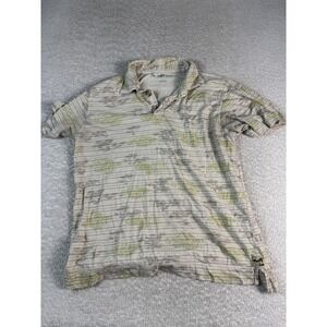 Gramicci Polo‎ Shirt Mens Large Green Paisley Striped Outdoor Casual Hiking Tan
